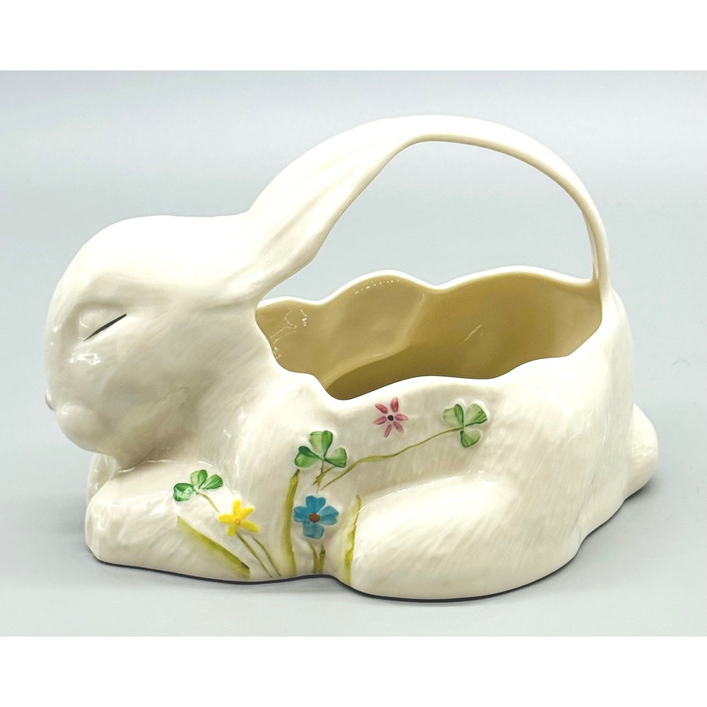 Belleek Rabbit Basket Candy Dish Planter Floral Hand Painted Shamrock Ireland